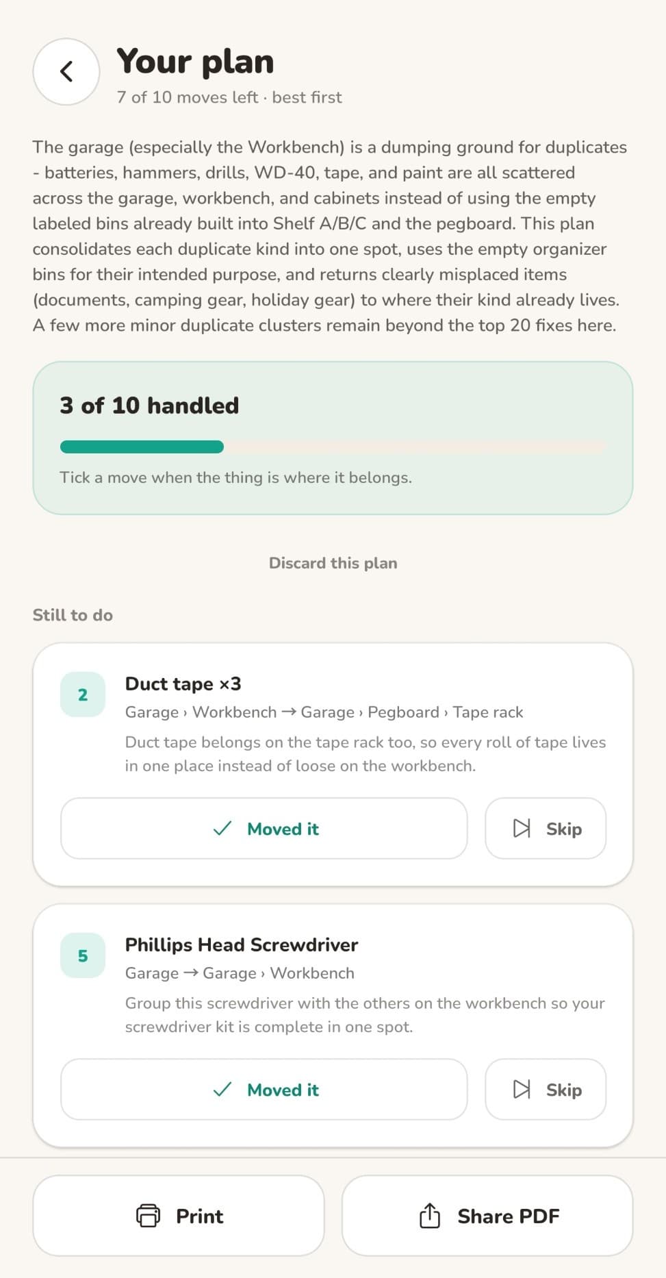 A Big Sort plan in FindMyCrapp: 7 of 10 moves left, best first, a summary of what's out of place, and each move with where it goes and why, ticked off with Moved it.