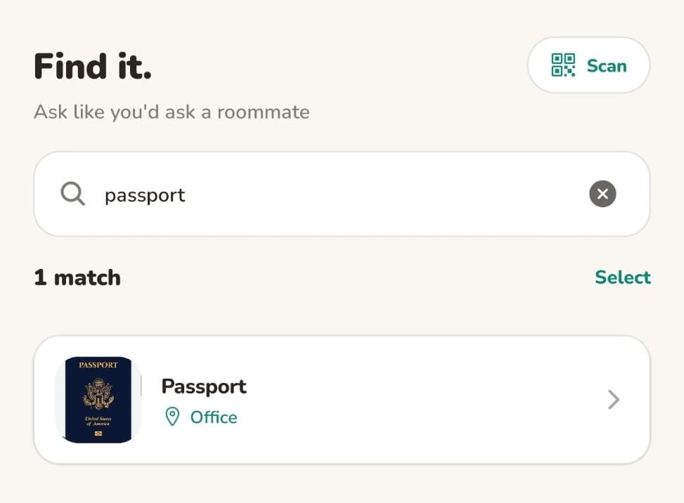 Searching for “passport” in FindMyCrapp: one match, Passport, in the Office.